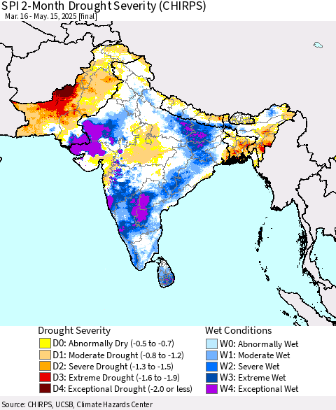 Southern Asia SPI 2-Month Drought Severity (CHIRPS) Thematic Map For 3/16/2025 - 5/15/2025