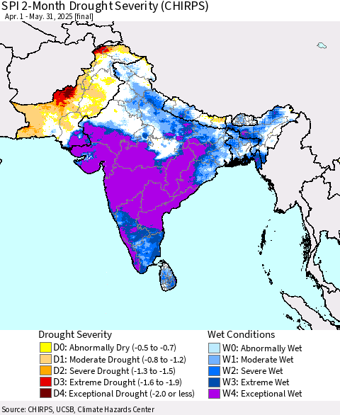 Southern Asia SPI 2-Month Drought Severity (CHIRPS) Thematic Map For 4/1/2025 - 5/31/2025