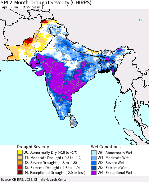 Southern Asia SPI 2-Month Drought Severity (CHIRPS) Thematic Map For 4/6/2025 - 6/5/2025