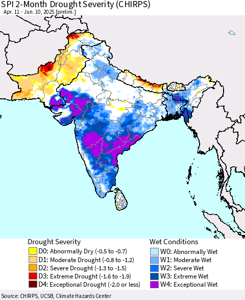 Southern Asia SPI 2-Month Drought Severity (CHIRPS) Thematic Map For 4/11/2025 - 6/10/2025