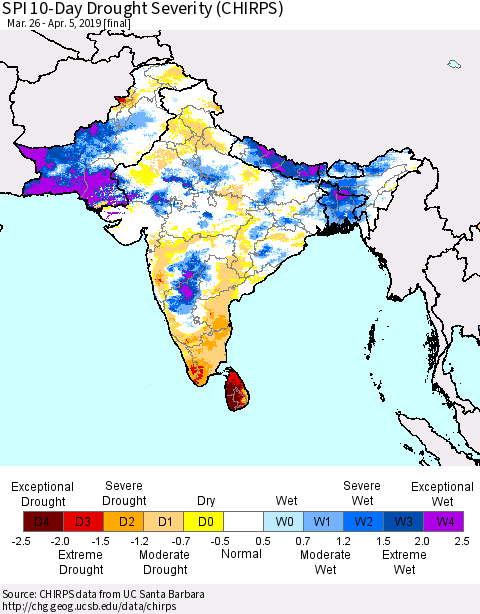 Southern Asia SPI 10-Day Drought Severity (CHIRPS) Thematic Map For 3/26/2019 - 4/5/2019
