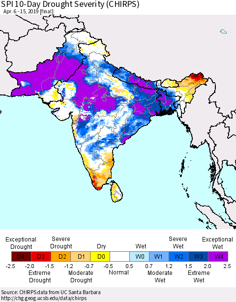 Southern Asia SPI 10-Day Drought Severity (CHIRPS) Thematic Map For 4/6/2019 - 4/15/2019