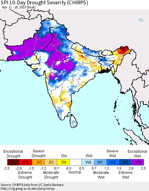 Southern Asia SPI 10-Day Drought Severity (CHIRPS) Thematic Map For 4/11/2019 - 4/20/2019