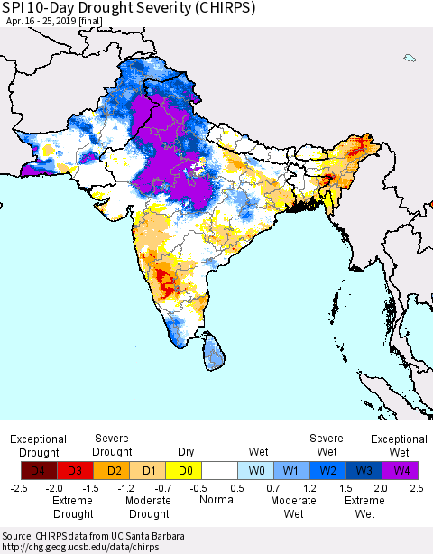 Southern Asia SPI 10-Day Drought Severity (CHIRPS) Thematic Map For 4/16/2019 - 4/25/2019