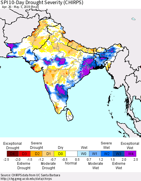 Southern Asia SPI 10-Day Drought Severity (CHIRPS) Thematic Map For 4/26/2019 - 5/5/2019