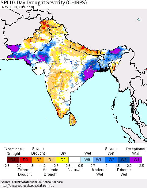 Southern Asia SPI 10-Day Drought Severity (CHIRPS) Thematic Map For 5/1/2019 - 5/10/2019