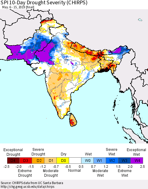 Southern Asia SPI 10-Day Drought Severity (CHIRPS) Thematic Map For 5/6/2019 - 5/15/2019