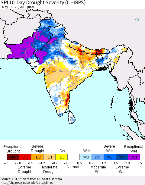 Southern Asia SPI 10-Day Drought Severity (CHIRPS) Thematic Map For 5/16/2019 - 5/25/2019