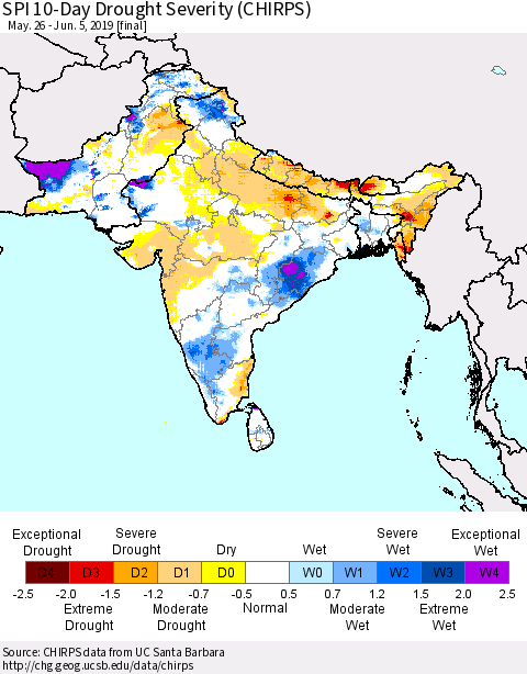 Southern Asia SPI 10-Day Drought Severity (CHIRPS) Thematic Map For 5/26/2019 - 6/5/2019