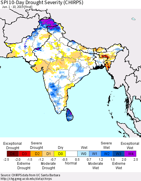 Southern Asia SPI 10-Day Drought Severity (CHIRPS) Thematic Map For 6/1/2019 - 6/10/2019