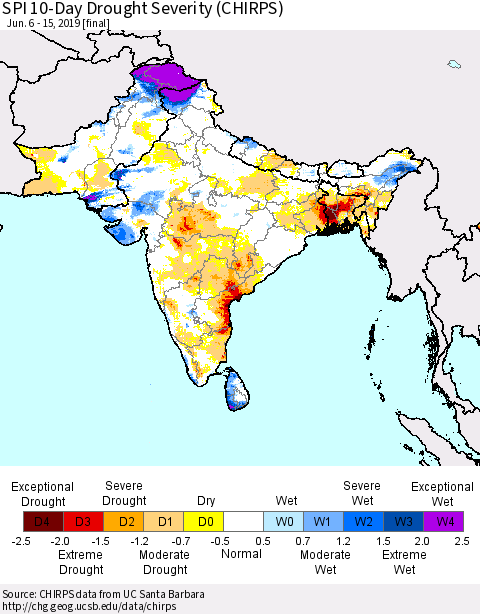 Southern Asia SPI 10-Day Drought Severity (CHIRPS) Thematic Map For 6/6/2019 - 6/15/2019