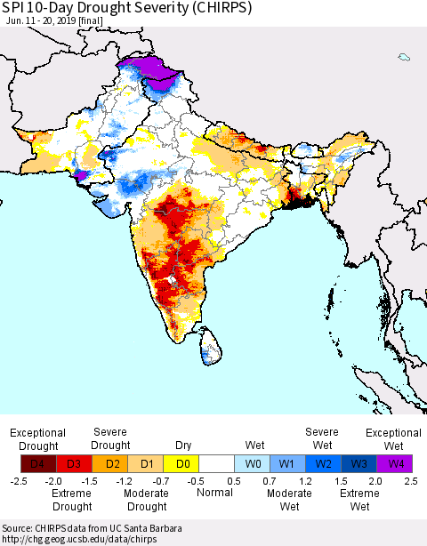 Southern Asia SPI 10-Day Drought Severity (CHIRPS) Thematic Map For 6/11/2019 - 6/20/2019