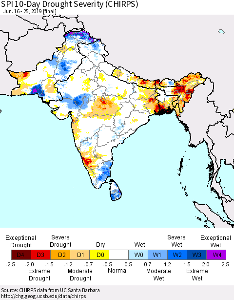Southern Asia SPI 10-Day Drought Severity (CHIRPS) Thematic Map For 6/16/2019 - 6/25/2019