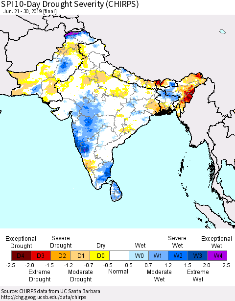 Southern Asia SPI 10-Day Drought Severity (CHIRPS) Thematic Map For 6/21/2019 - 6/30/2019