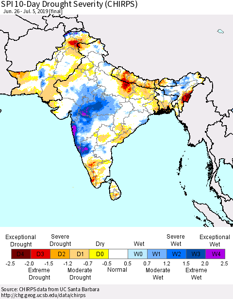 Southern Asia SPI 10-Day Drought Severity (CHIRPS) Thematic Map For 6/26/2019 - 7/5/2019