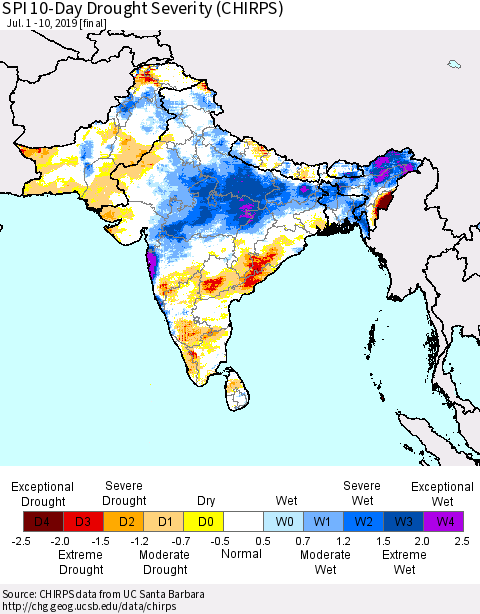 Southern Asia SPI 10-Day Drought Severity (CHIRPS) Thematic Map For 7/1/2019 - 7/10/2019