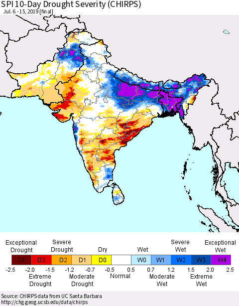 Southern Asia SPI 10-Day Drought Severity (CHIRPS) Thematic Map For 7/6/2019 - 7/15/2019