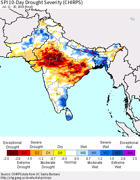 Southern Asia SPI 10-Day Drought Severity (CHIRPS) Thematic Map For 7/11/2019 - 7/20/2019