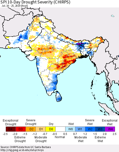 Southern Asia SPI 10-Day Drought Severity (CHIRPS) Thematic Map For 7/16/2019 - 7/25/2019