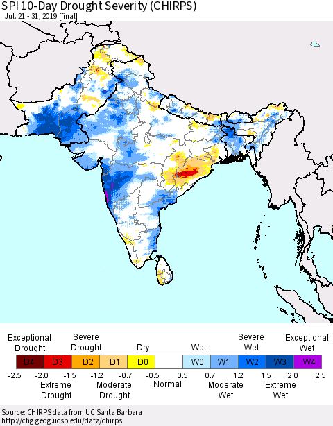 Southern Asia SPI 10-Day Drought Severity (CHIRPS) Thematic Map For 7/21/2019 - 7/31/2019