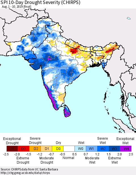 Southern Asia SPI 10-Day Drought Severity (CHIRPS) Thematic Map For 8/1/2019 - 8/10/2019