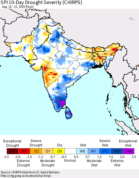 Southern Asia SPI 10-Day Drought Severity (CHIRPS) Thematic Map For 8/16/2019 - 8/25/2019