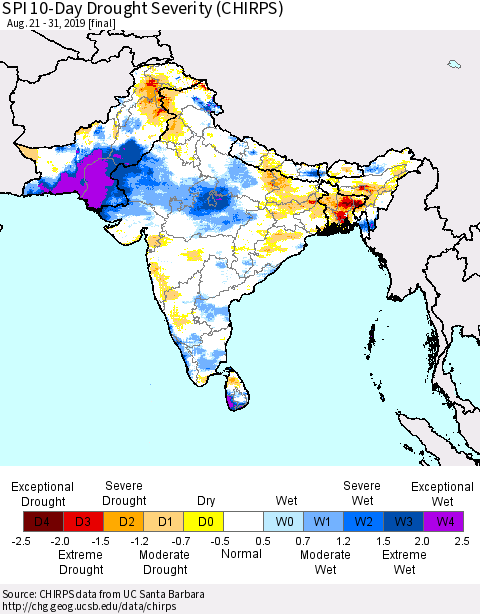 Southern Asia SPI 10-Day Drought Severity (CHIRPS) Thematic Map For 8/21/2019 - 8/31/2019