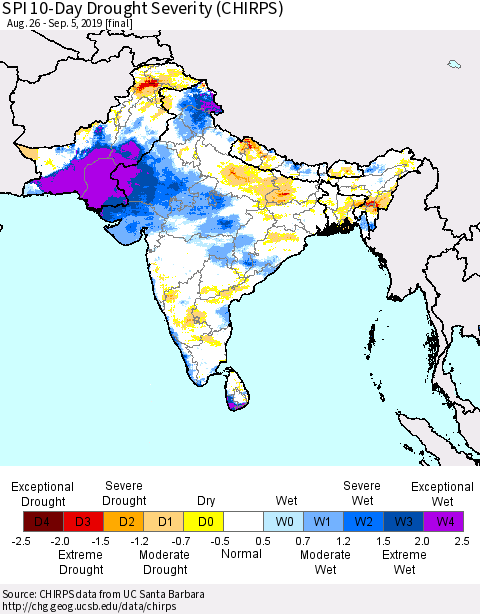 Southern Asia SPI 10-Day Drought Severity (CHIRPS) Thematic Map For 8/26/2019 - 9/5/2019