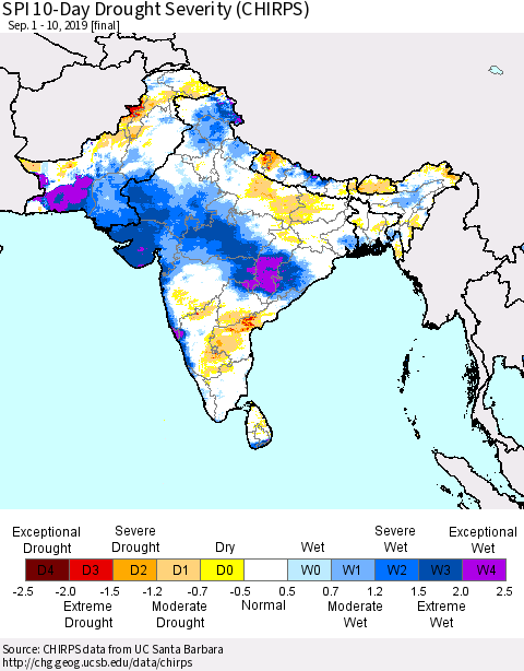 Southern Asia SPI 10-Day Drought Severity (CHIRPS) Thematic Map For 9/1/2019 - 9/10/2019