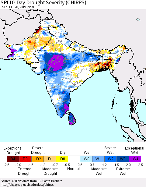 Southern Asia SPI 10-Day Drought Severity (CHIRPS) Thematic Map For 9/11/2019 - 9/20/2019