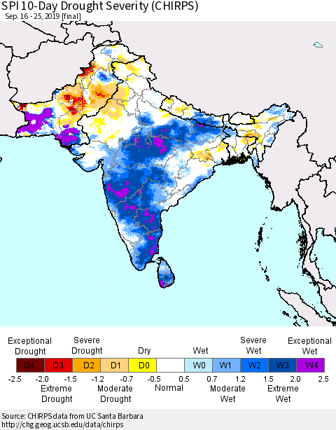 Southern Asia SPI 10-Day Drought Severity (CHIRPS) Thematic Map For 9/16/2019 - 9/25/2019