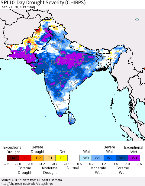 Southern Asia SPI 10-Day Drought Severity (CHIRPS) Thematic Map For 9/21/2019 - 9/30/2019