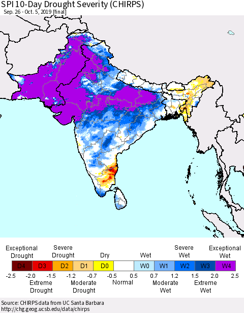 Southern Asia SPI 10-Day Drought Severity (CHIRPS) Thematic Map For 9/26/2019 - 10/5/2019