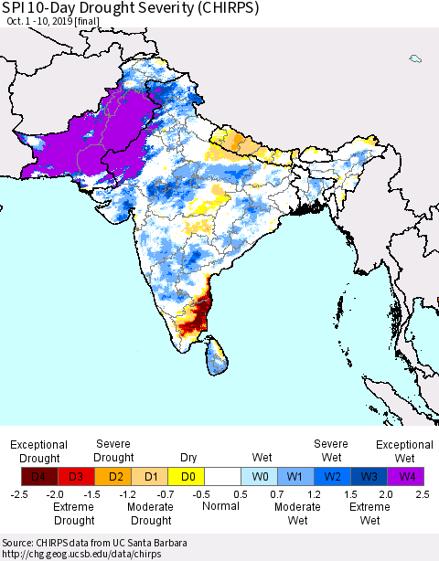 Southern Asia SPI 10-Day Drought Severity (CHIRPS) Thematic Map For 10/1/2019 - 10/10/2019