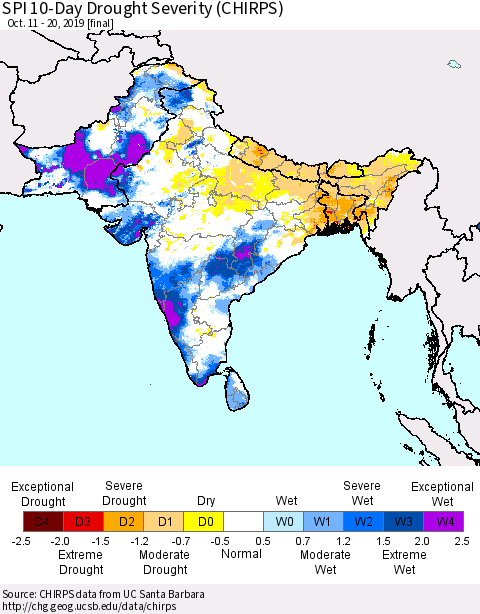 Southern Asia SPI 10-Day Drought Severity (CHIRPS) Thematic Map For 10/11/2019 - 10/20/2019