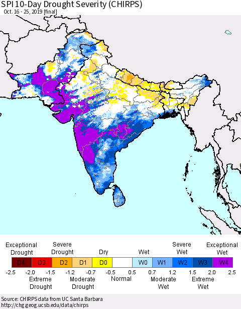 Southern Asia SPI 10-Day Drought Severity (CHIRPS) Thematic Map For 10/16/2019 - 10/25/2019