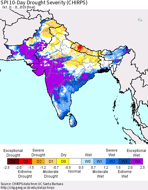 Southern Asia SPI 10-Day Drought Severity (CHIRPS) Thematic Map For 10/21/2019 - 10/31/2019