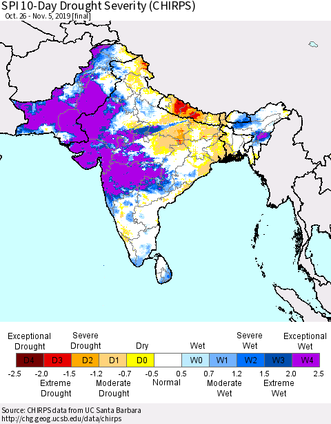 Southern Asia SPI 10-Day Drought Severity (CHIRPS) Thematic Map For 10/26/2019 - 11/5/2019