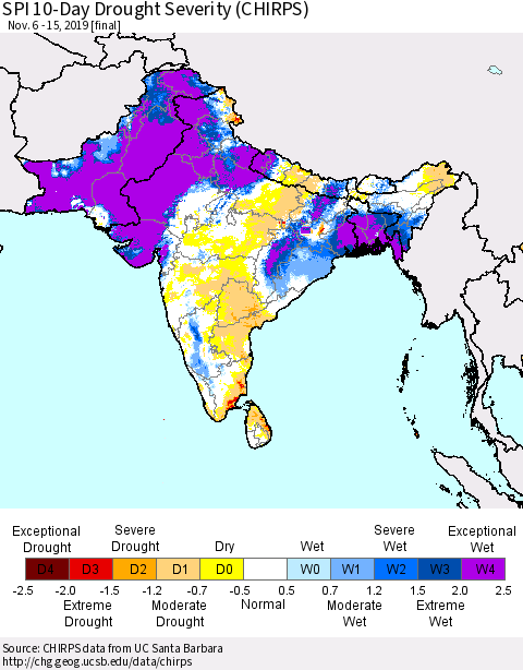 Southern Asia SPI 10-Day Drought Severity (CHIRPS) Thematic Map For 11/6/2019 - 11/15/2019