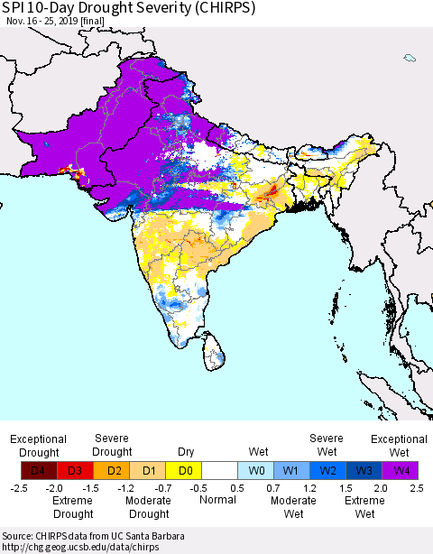 Southern Asia SPI 10-Day Drought Severity (CHIRPS) Thematic Map For 11/16/2019 - 11/25/2019