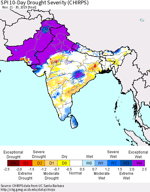 Southern Asia SPI 10-Day Drought Severity (CHIRPS) Thematic Map For 11/21/2019 - 11/30/2019