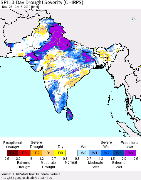 Southern Asia SPI 10-Day Drought Severity (CHIRPS) Thematic Map For 11/26/2019 - 12/5/2019