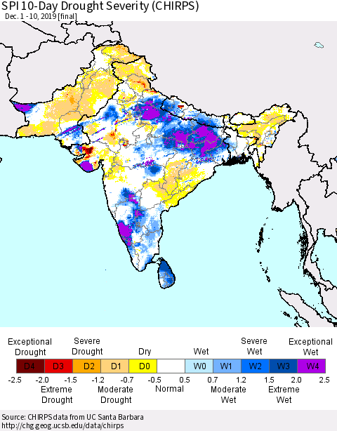 Southern Asia SPI 10-Day Drought Severity (CHIRPS) Thematic Map For 12/1/2019 - 12/10/2019