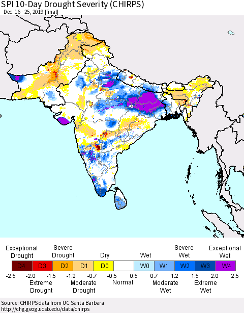 Southern Asia SPI 10-Day Drought Severity (CHIRPS) Thematic Map For 12/16/2019 - 12/25/2019