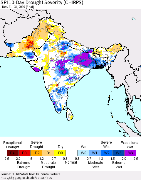 Southern Asia SPI 10-Day Drought Severity (CHIRPS) Thematic Map For 12/21/2019 - 12/31/2019