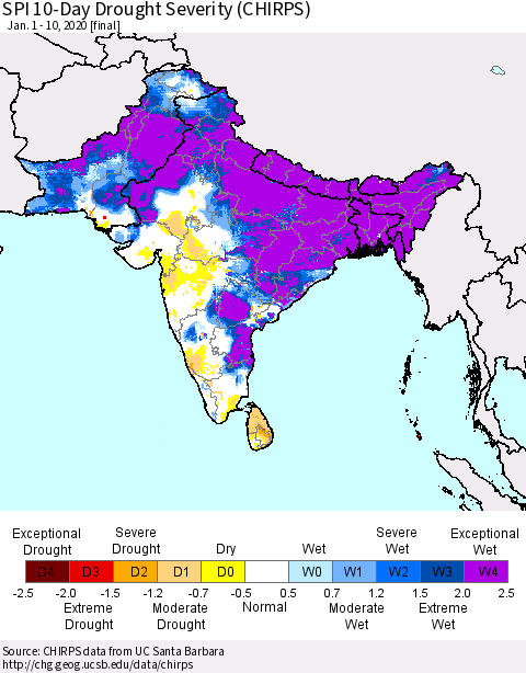 Southern Asia SPI 10-Day Drought Severity (CHIRPS) Thematic Map For 1/1/2020 - 1/10/2020