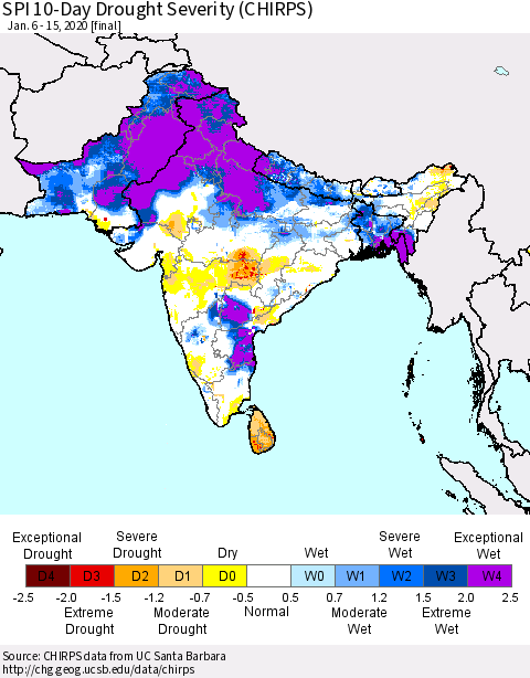 Southern Asia SPI 10-Day Drought Severity (CHIRPS) Thematic Map For 1/6/2020 - 1/15/2020