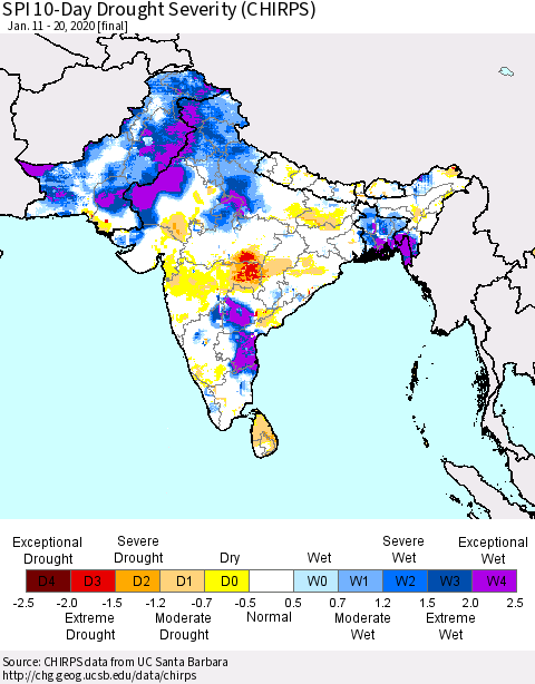 Southern Asia SPI 10-Day Drought Severity (CHIRPS) Thematic Map For 1/11/2020 - 1/20/2020