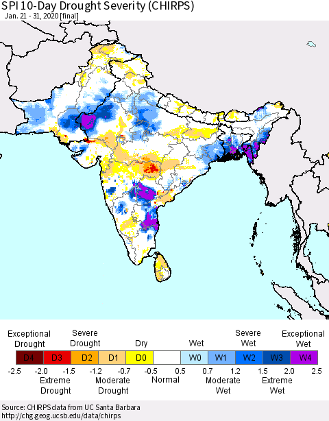Southern Asia SPI 10-Day Drought Severity (CHIRPS) Thematic Map For 1/21/2020 - 1/31/2020