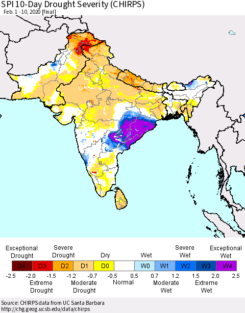 Southern Asia SPI 10-Day Drought Severity (CHIRPS) Thematic Map For 2/1/2020 - 2/10/2020